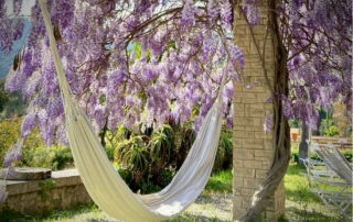 Hammock strung between blooming trees at Masia Can Casadellà with a breathtaking view of the mountains and Mediterranean Sea