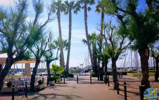 Street view of the vibrant harbor area beside Hotel Atenea Port Mataró with shops, bars, restaurants, and beach activities