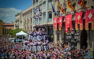 Human towers (Castellers) reaching up to 7–8 levels high during a traditional gathering in central Mataró