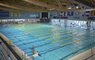 Swimmers training hard in the Olympic-size indoor swimming pool at CNAB Club Natació Atlètic-Barceloneta.