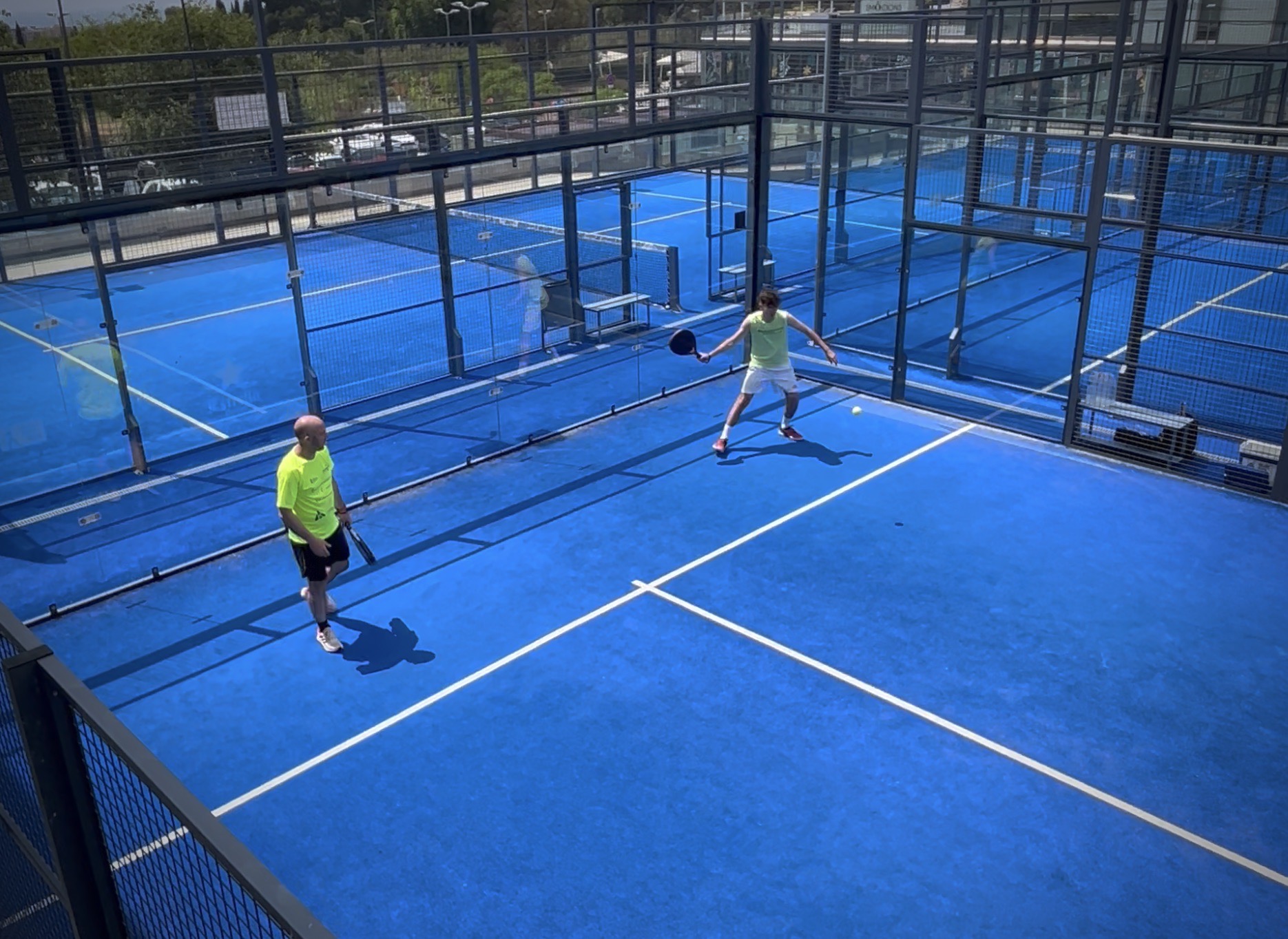 Top view of SorliSport padel courts in action during an intensive Bee-Padel training session in Vilassar, Barcelona.