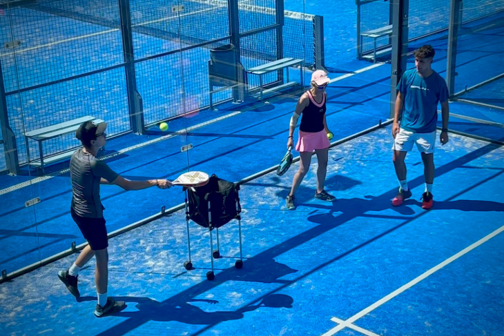 Padel players learning how to serve with a top coach at Bee-Padel SorliSport, Spain